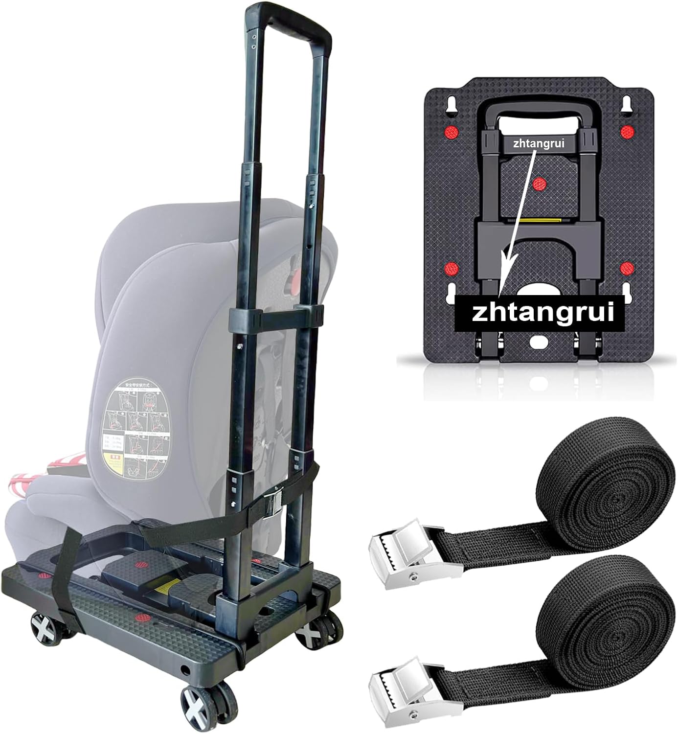 Car Seat Dolly for Airport - CarSeat Roller Cart Wheels for Airplane - Car Seat Travel Cart Carrier with Straps Foldable Luggage Trolley Folding Hand Truck (Black)
