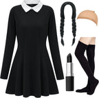 HMPRT Halloween Costumes for Women - White Collar Long Sleeve Black Dress, Black Braided Wig and Sock