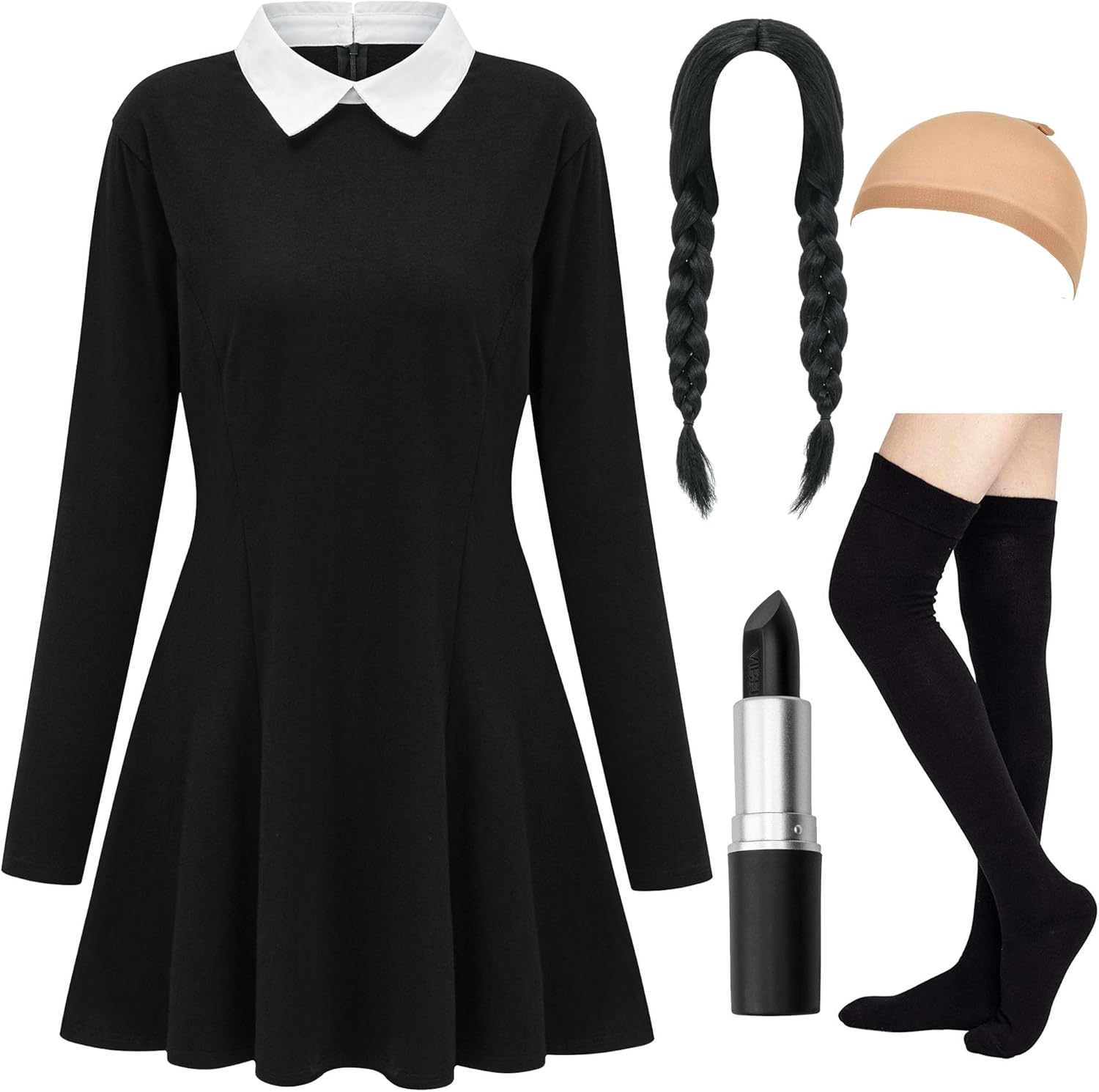HMPRT Halloween Costumes for Women - White Collar Long Sleeve Black Dress, Black Braided Wig and Sock