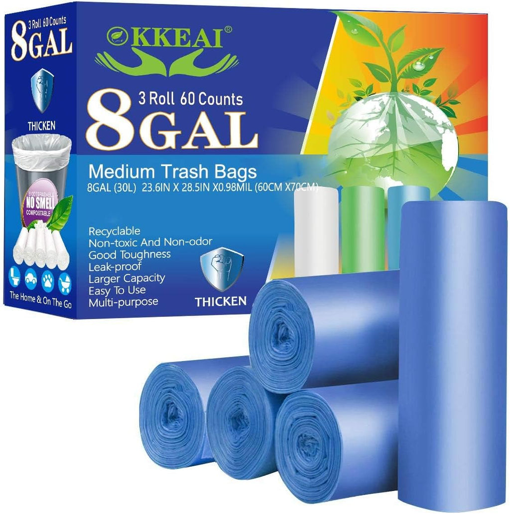 OKKEAI 8 Gallon Kitchen Trash Bags Blue Garbage Bags Strong 30L Trash Can Bags Medium Wastebasket Bin Liners for Home Office, Lawn,Bathroom,60 Count (Fits 7-10 Gallon Bins)