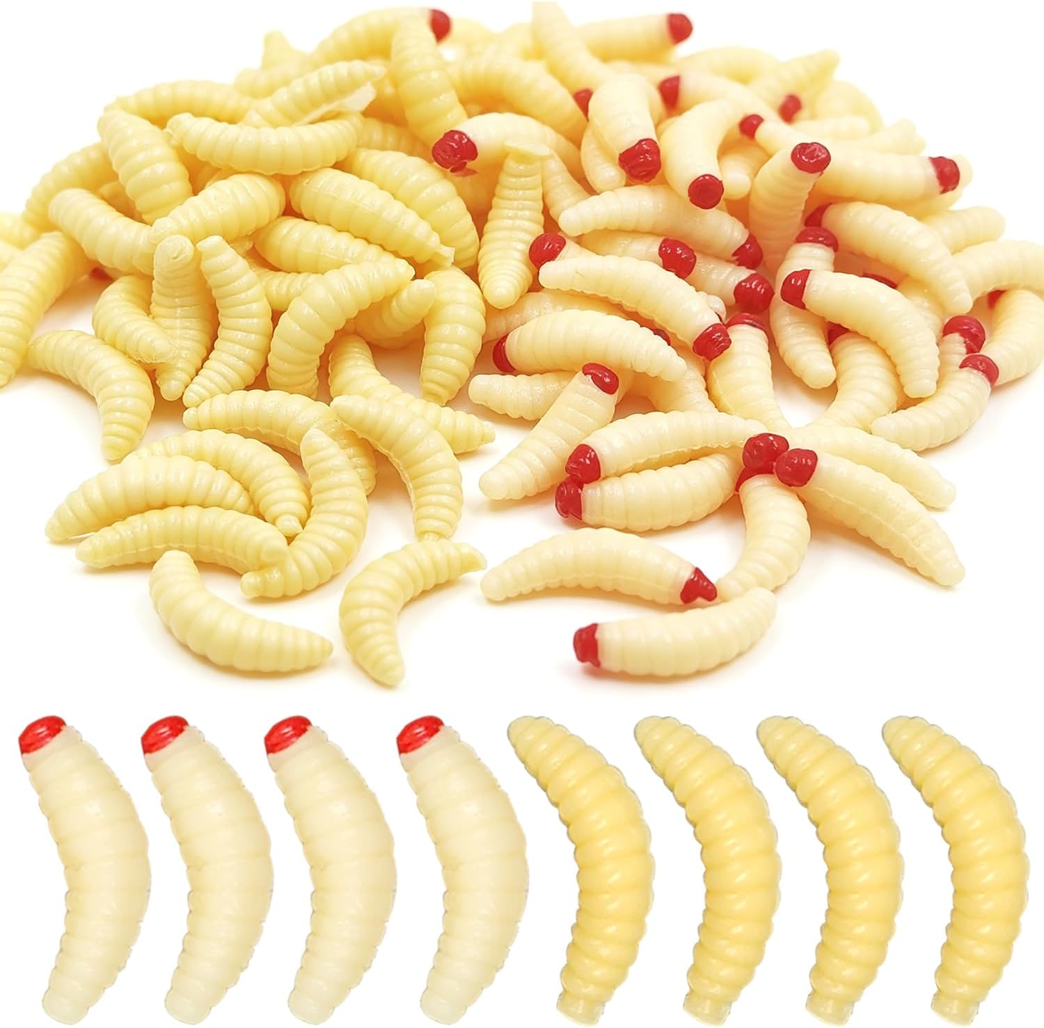 100pcs-1Inch Bass Fishing Worms Lures, Silicone Soft Maggot Baits Bread Worm Fishing Lures, Bread Worm Wax Worms for Trout Panfish