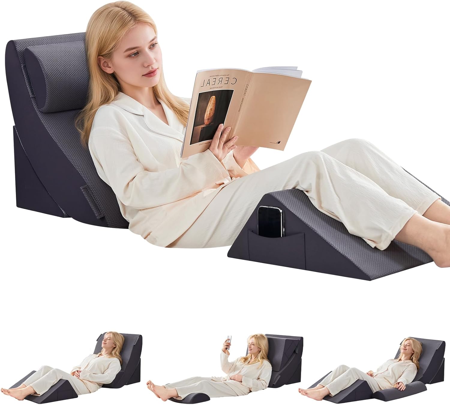4PCS Bed Wedge Pillow Set for After Surgery, Orthopedic Wedge Pillows for Sleeping, Back, Neck and Leg Pain Relief, Adjustable Memory Foam Support Pillows for Acid Reflux, GERD & Snoring, Grey