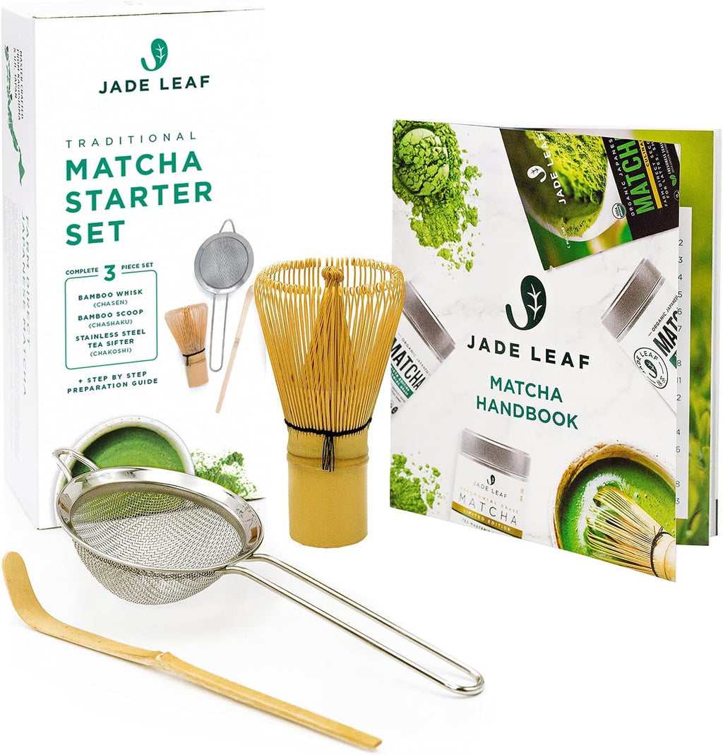 Jade Leaf Matcha - Traditional Starter Set - Japanese Matcha Gift Set Includes: Bamboo Whisk (Chasen), Scoop (Chashaku), Stainless Steel Sifter, Fully Printed Handbook