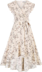 JASAMBAC Women's Floral High Low Dress for Wedding Guest Flowy Bohemian Empire Waist Swing Dress with Belt