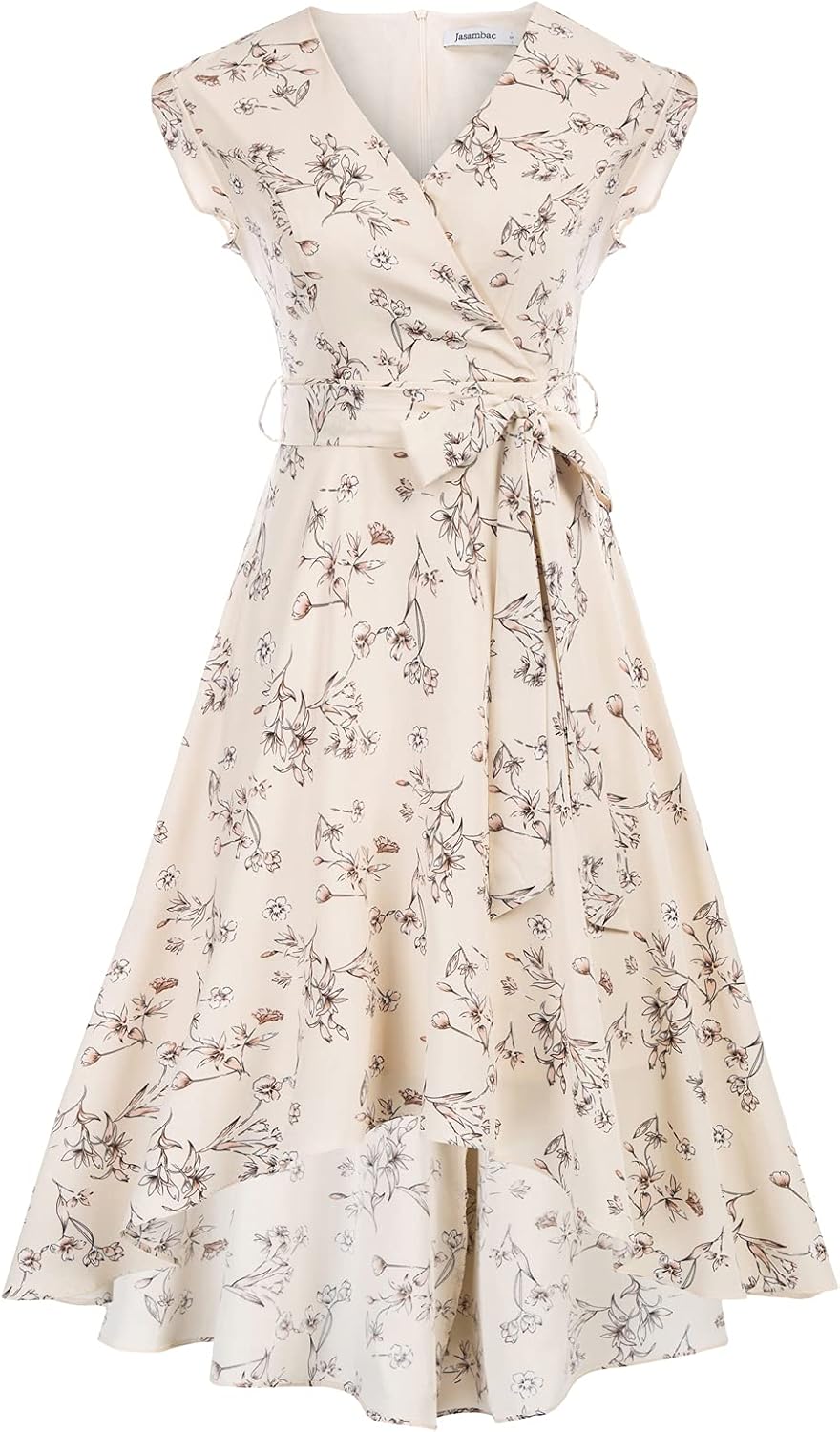 JASAMBAC Women's Floral High Low Dress for Wedding Guest Flowy Bohemian Empire Waist Swing Dress with Belt