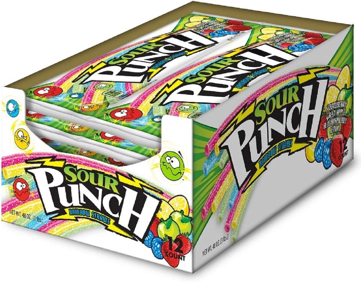 Sour Punch Straws, Rainbow Flavors, 4.5oz Tray (Pack of 12), Lemon, Apple, Strawberry & Blue Raspberry Soft and Chewy Candy