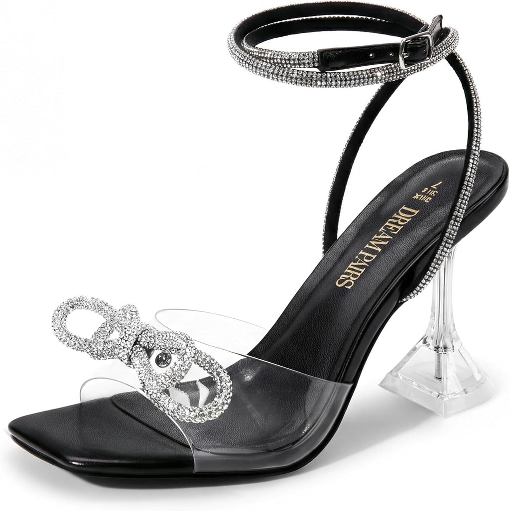 DREAM PAIRS Stiletto Bow Heels for Women Strappy Sparkly Rhinestone Square Toe Clear Crystal High Sandals for Party Wedding
