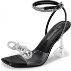DREAM PAIRS Stiletto Bow Heels for Women Strappy Sparkly Rhinestone Square Toe Clear Crystal High Sandals for Party Wedding