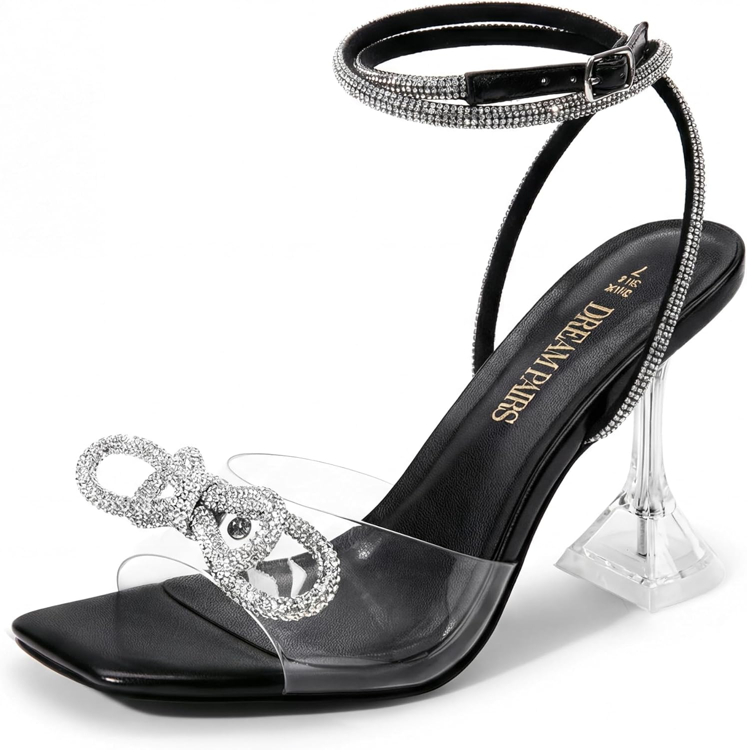 DREAM PAIRS Stiletto Bow Heels for Women Strappy Sparkly Rhinestone Square Toe Clear Crystal High Sandals for Party Wedding