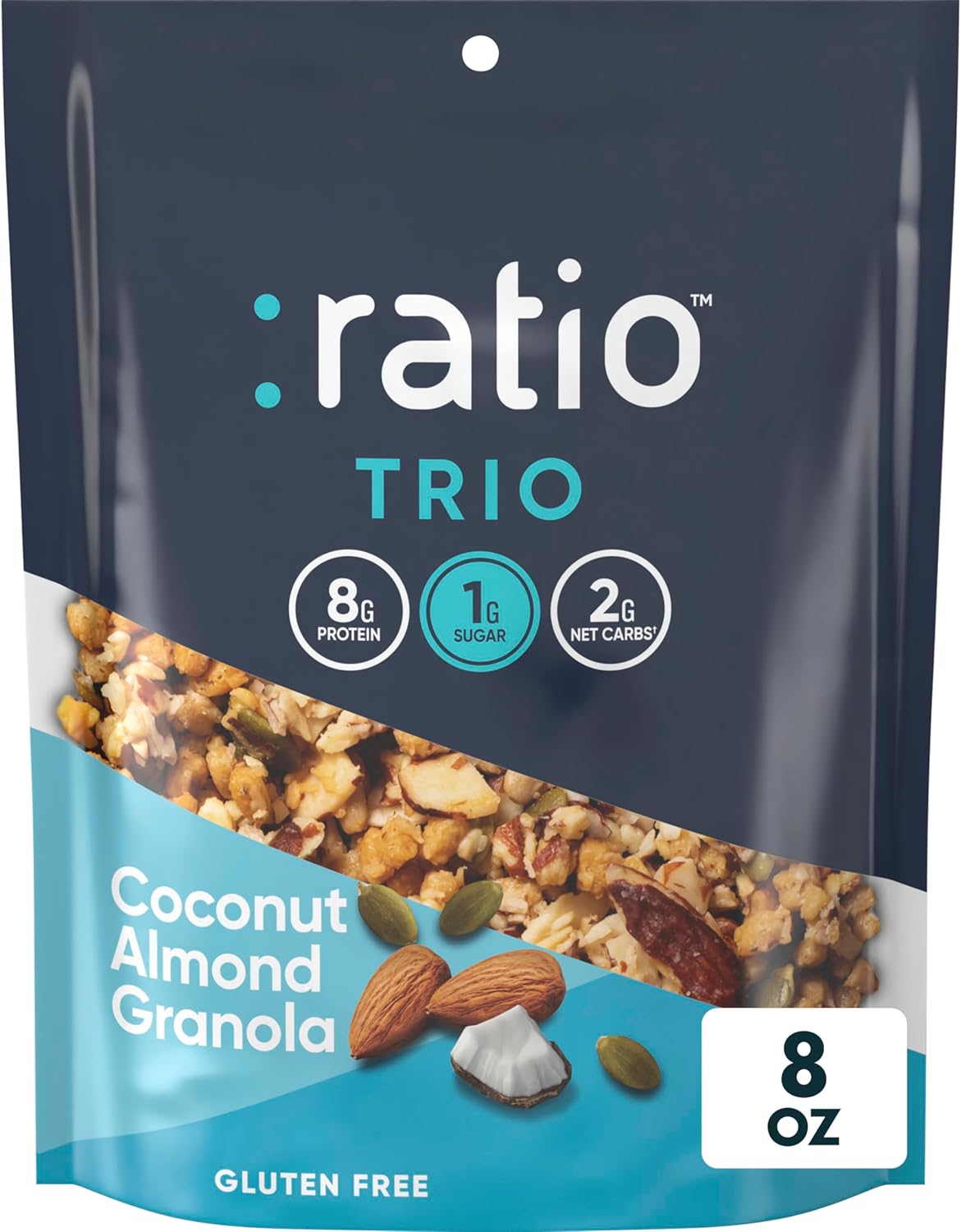 Ratio Trio Coconut Almond Granola Cereal, 1g Sugar, Keto Friendly, 8 oz Resealable Bag