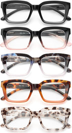 JOLISU 5 Pack Reading Glasses for Women,Oprah Style Blue Light Blocking Computer Readers,Square Eyeglasses with Spring Hinge
