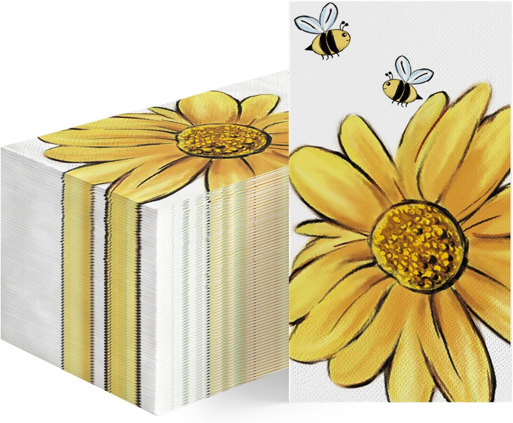Horaldaily 100 Spring Disposable Paper Decorative Guest Napkins, Sunflower Bee Hand Towel for Party Lunch Dinner Kitchen Bathroom