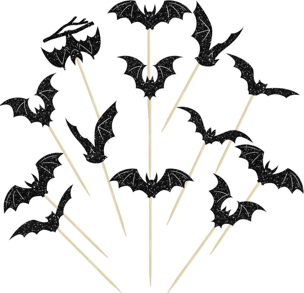 Gyufise 24Pcs Halloween Bat Cupcake Toppers Black Glitter Bat Halloween Cupcake Picks for Horror Theme Baby Shower Kids Birthday Party Cake Decorations Supplies