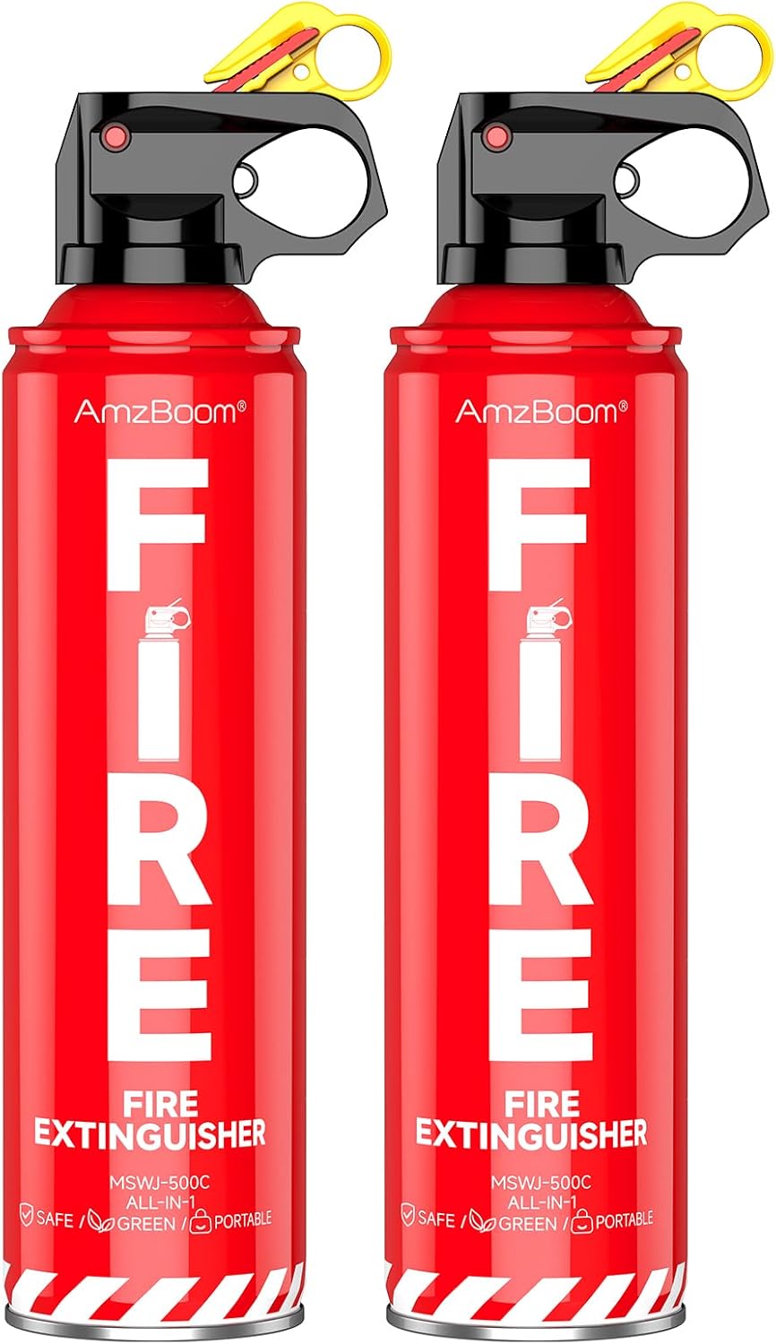 AmzBoom 2-Pack Fire Extinguisher for Home, Kitchen, Car, and Grill with Mounting Bracket– Extinguishing Spray, Compact A, B, C, K – Eco-Friendly, Prevents Reignition.