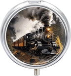 Round Pill Box Steam Train Pill Case 3 Compartment Medicine Pill Organizer for Purse & Pocket Portable Travel Pillbox Medicine Vitamin Cod Liver Oil Storage Box Organizer
