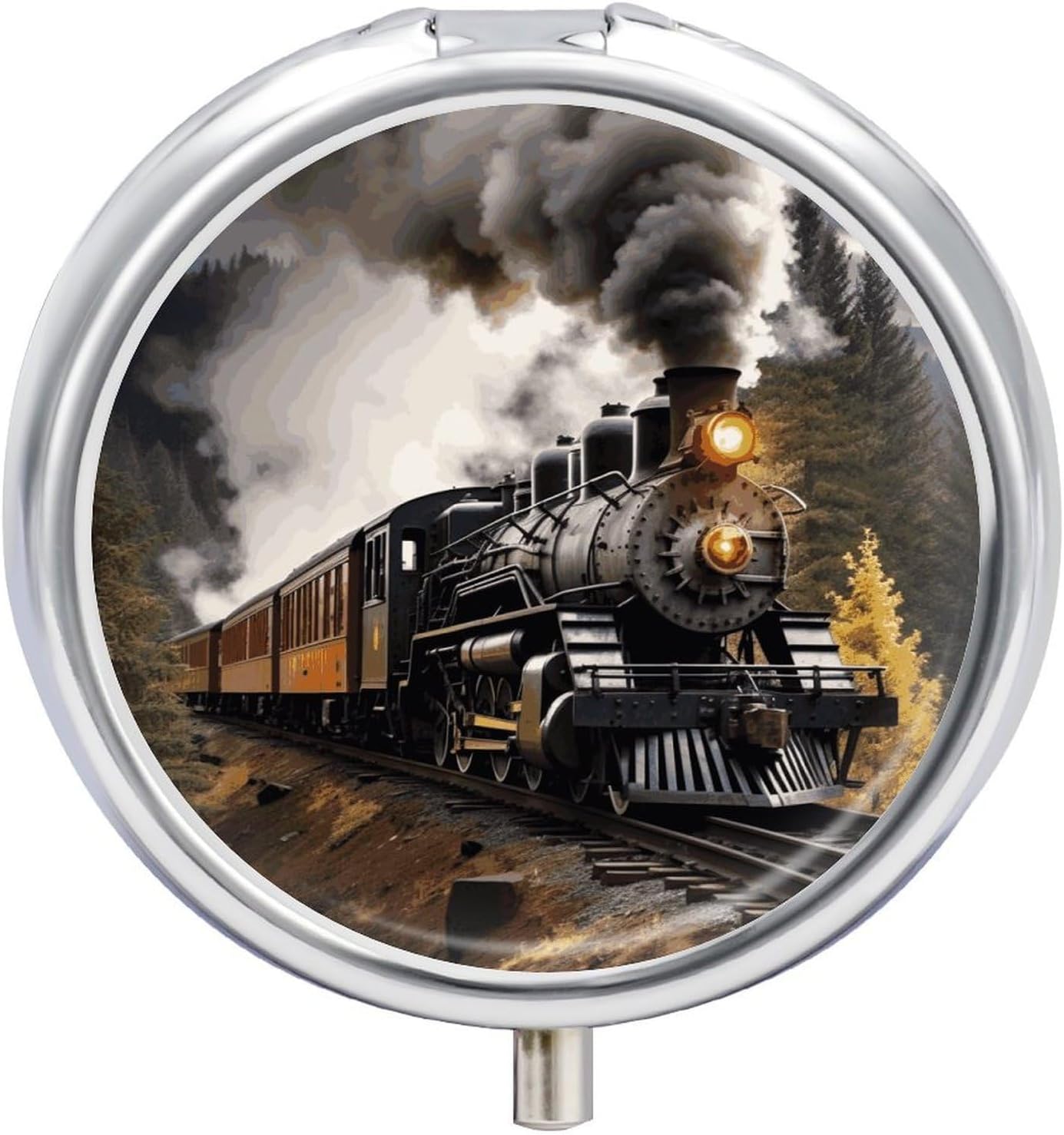 Round Pill Box Steam Train Pill Case 3 Compartment Medicine Pill Organizer for Purse & Pocket Portable Travel Pillbox Medicine Vitamin Cod Liver Oil Storage Box Organizer