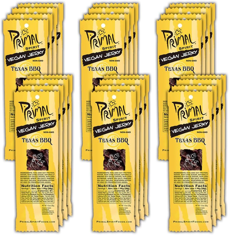 Primal Spirit Vegan Jerky – “Classic Flavor” – Texas BBQ, 10 g. Plant Based Protein, Certified Non-GMO, No Preservatives, Sports Friendly Packaging (24 Pack, 1 oz)