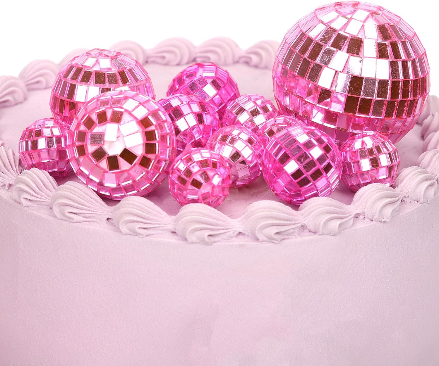 12pcs Disco Ball Cake Toppers, 4 Sizes Disco Theme Cake Toppers Disco Ball Cupcake Decorations Dessert Accessories for Birthday Cake 70s Theme Party Favor(Pink)