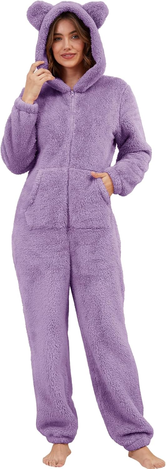 Flygo Womens Fleece Onesie Pajamas Winter Warm Fuzzy One Piece Romper Loungewear Teddy Ears Zipper Hooded Jumpsuit Sleepwear