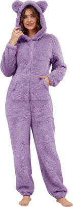Flygo Womens Fleece Onesie Pajamas Winter Warm Fuzzy One Piece Romper Loungewear Teddy Ears Zipper Hooded Jumpsuit Sleepwear