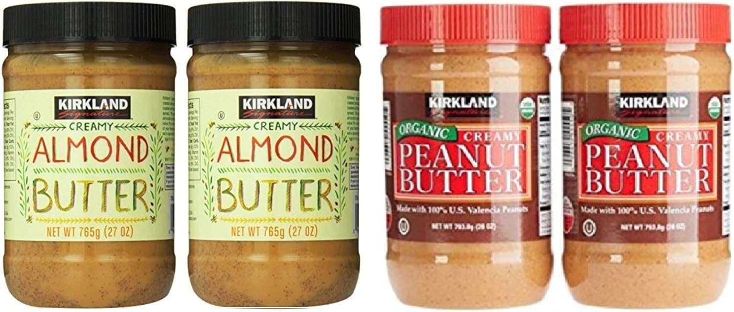 Kirkland Signature Almond Butter and Organic Peanut Butter Bundle - Includes Kirkland Signature Two Almond Butter (27 oz) and Two Peanut Butter (28 oz. Each)