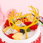 Gold Acrylic Deer Antler Shape Happy Birthday Cake Topper, Birthday Party Decoration Supplies, Suitable for Cakes and Cupcakes