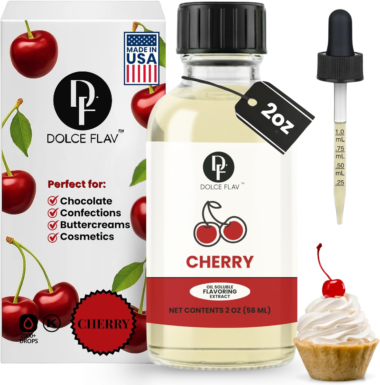 Dolce Flav Cherry Extract – 2 Ounce Oil-Soluble Kosher, Sugar-Free, Concentrated Fruity Flavor for Candy, Chocolates & Desserts, Includes Measured Dropper