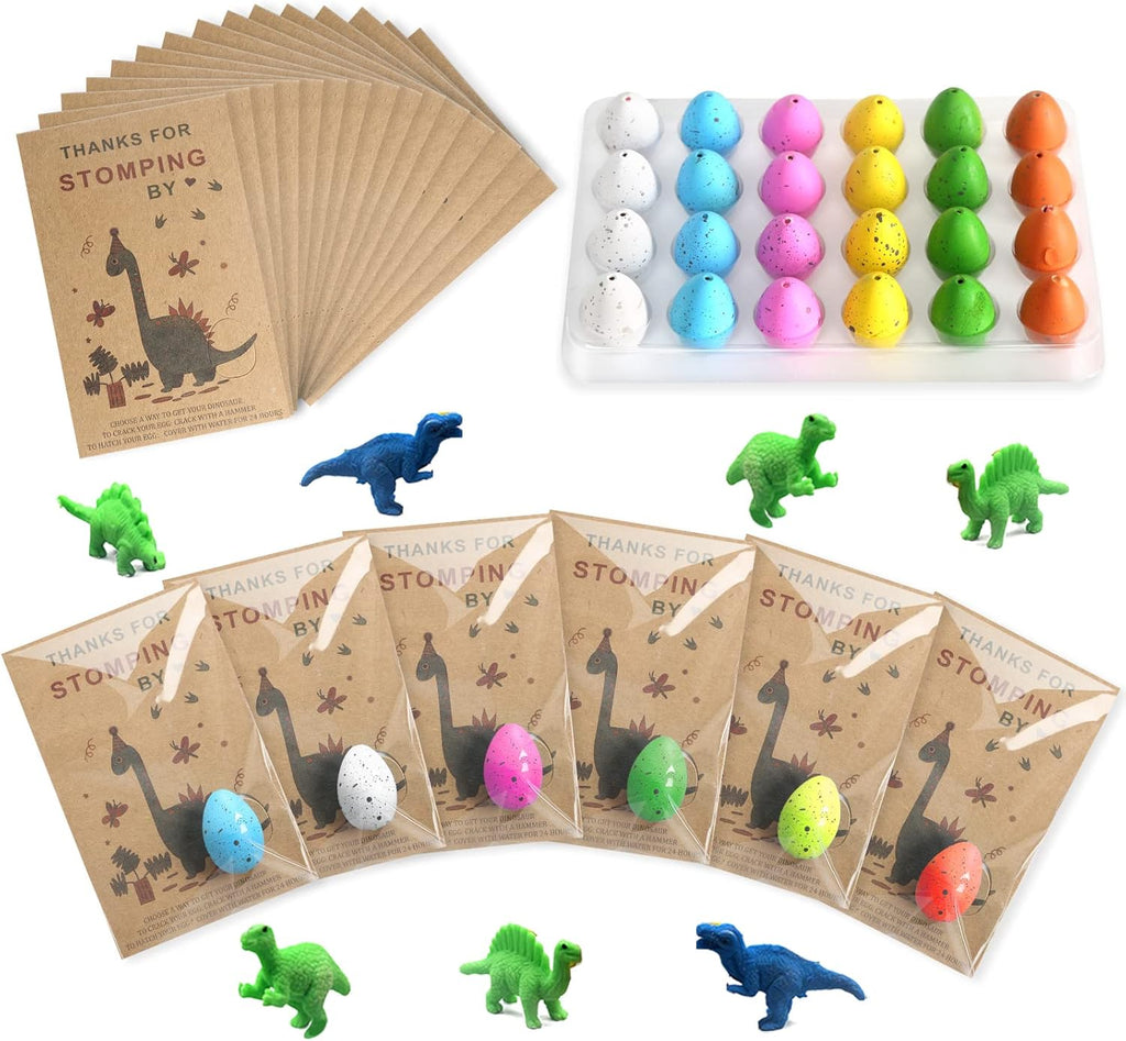 Dinosaur Party Favors Funny Mini Dinosaur Toys Dinosaur Birthday Party Supplies 24 Pack Dino Eggs and 24 Hatching Card Bulk Gifts Novelty Birthday Party Decorations for Kids Boys Girls Toddler