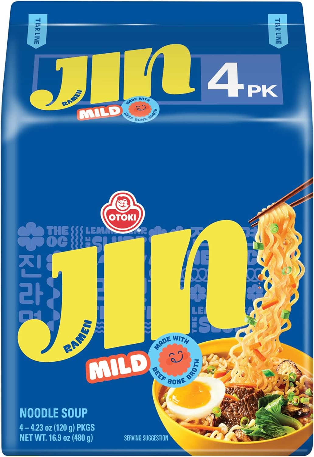 OTOKI Jin Ramen Mild Korean Instant Ramen, 13-Hour Simmered Beef Bone Broth, Mild Savory Flavor, Ready in 4 Minutes, 4.23 oz (Pack of 4)