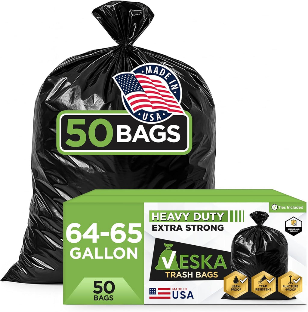 Veska 65 Gallon Trash Bags for Toter, (Value-Pack 50 Count w/Ties) Extra Large 64 Gallon Heavy Duty, 60 Gal Trash Bags Outdoor Garbage Can Liner for CustodiansExtra Large Garbage Bag 70 Gallon