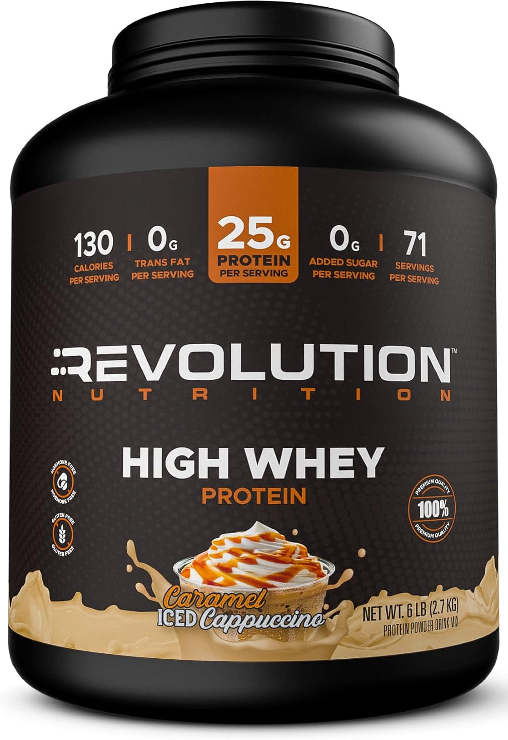 Revolution Nutrition, High Whey, Protein Powder 6LB, Whey Isolate, Gluten Free, Lean Muscle Mass for Men & Women, 25g of Protein Per Scoop, 2.7kg, 73 Servings (Caramel Iced Cappuccino, 6 Pound)