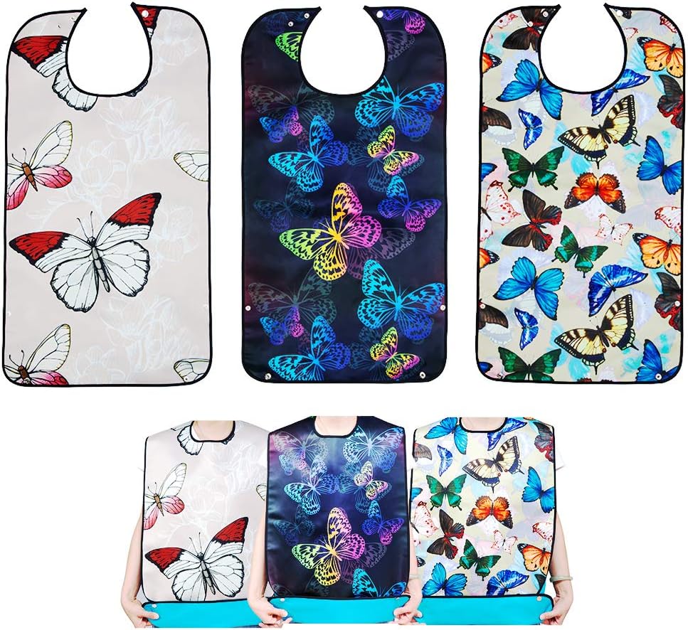 3 Pack Adult Bibs for Eating,Butterfly Washable Reusable Clothing Protector for Elderly Women 33.5" x 18"