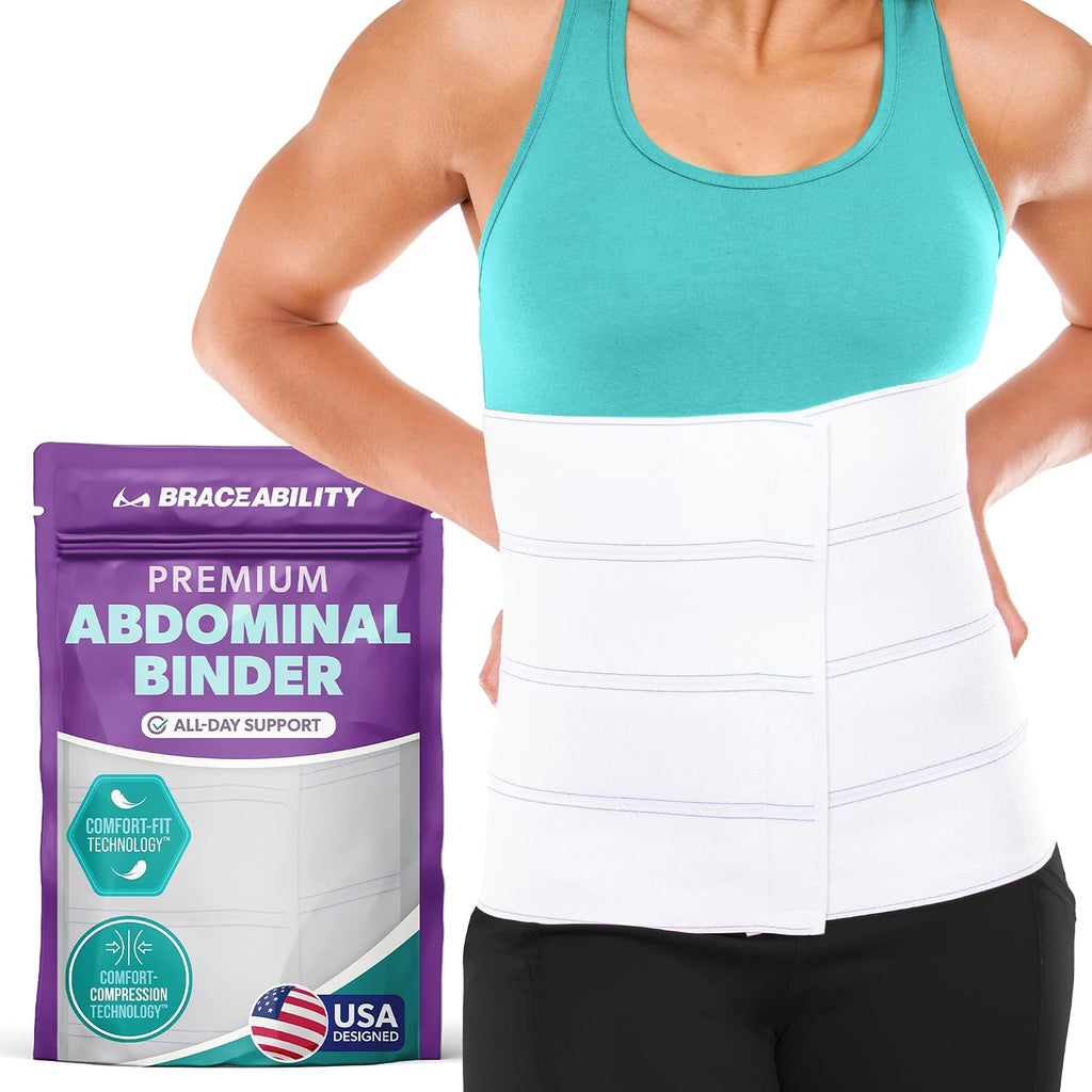 BraceAbility Medical Abdominal Stomach Binder - Belly Band Compression for Diastasis Recti, Postpartum, Post-Surgical Wrap for Tummy Tuck Recovery, Post op Ab Binder for Women and Men (M/L 12")