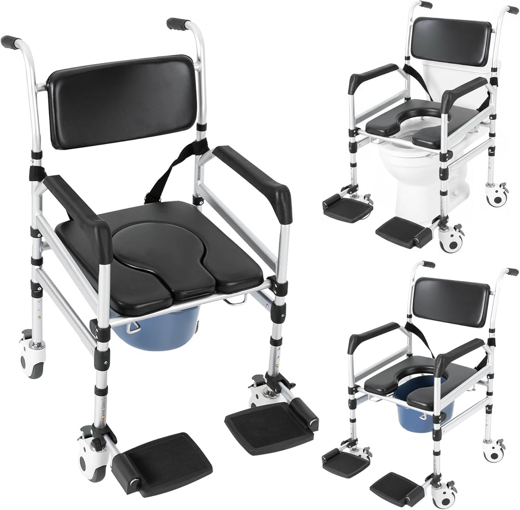 Folding Shower Commode Chair with Wheels, Aluminum Alloy and PVC, 352.74lb Capacity, Adjustable Height 18.9-21.26in, Black and Silver