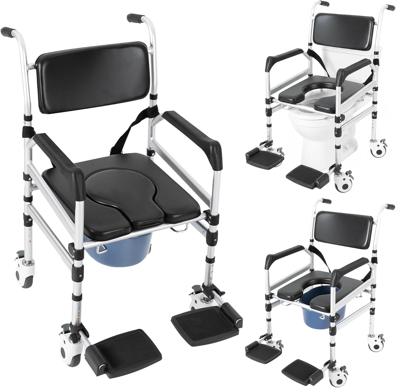 Folding Shower Commode Chair with Wheels, Aluminum Alloy and PVC, 352.74lb Capacity, Adjustable Height 18.9-21.26in, Black and Silver