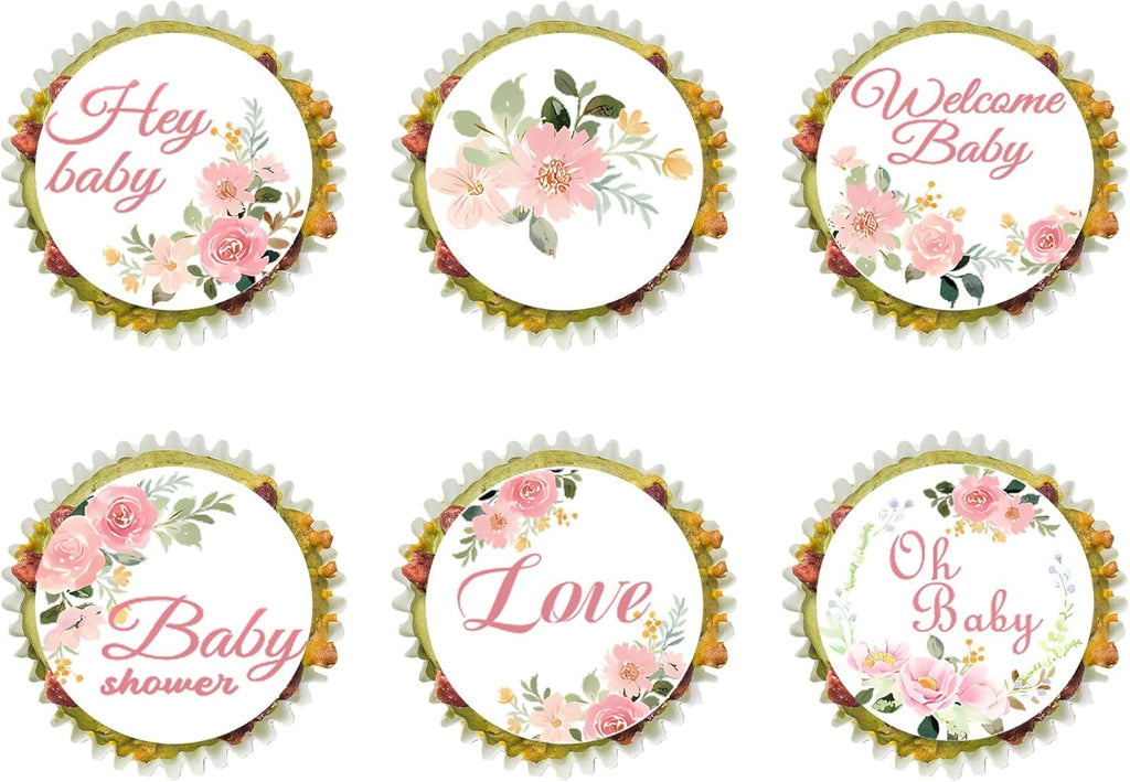 30Pcs Edible Baby Shower Cupcake Toppers Supplies Picks Wafer Paper Floral Theme Gender Reveal Cupcakes Cake Decorations Boy Girl Birthday Party Cake Decorations