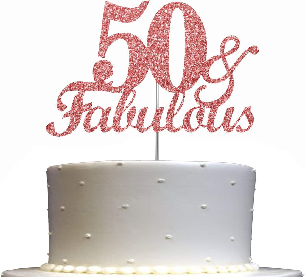 Fabulous & 50 Rose Gold Glitter Cake Topper, 50th Birthday Party Decorations Ideas, Premium Quality Decoration, Sturdy Doubled Sided Glitter, Acrylic Stick. Made in USA
