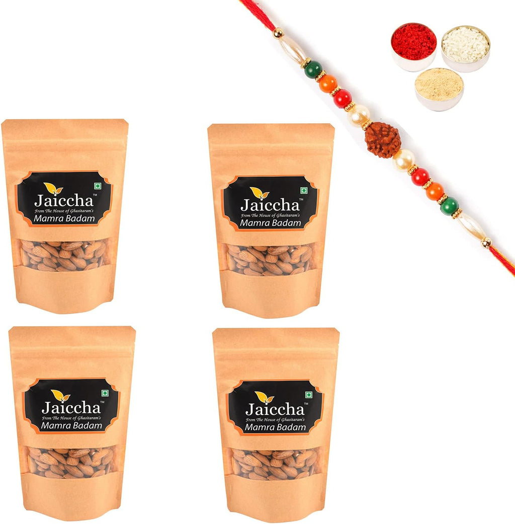 Jaiccha Ghasitaram Rakhi Gifts for Brothers Rakhi Dryfruits - Mamra Badam 800 GMS in Brown Paper Pouch with Rudraksh Rakhi