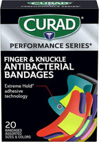 Curad Performance Series Fingertip and Knuckle Antibacterial Bandages, Extreme Hold Adhesive Technology, Fabric Bandages, 20 Count