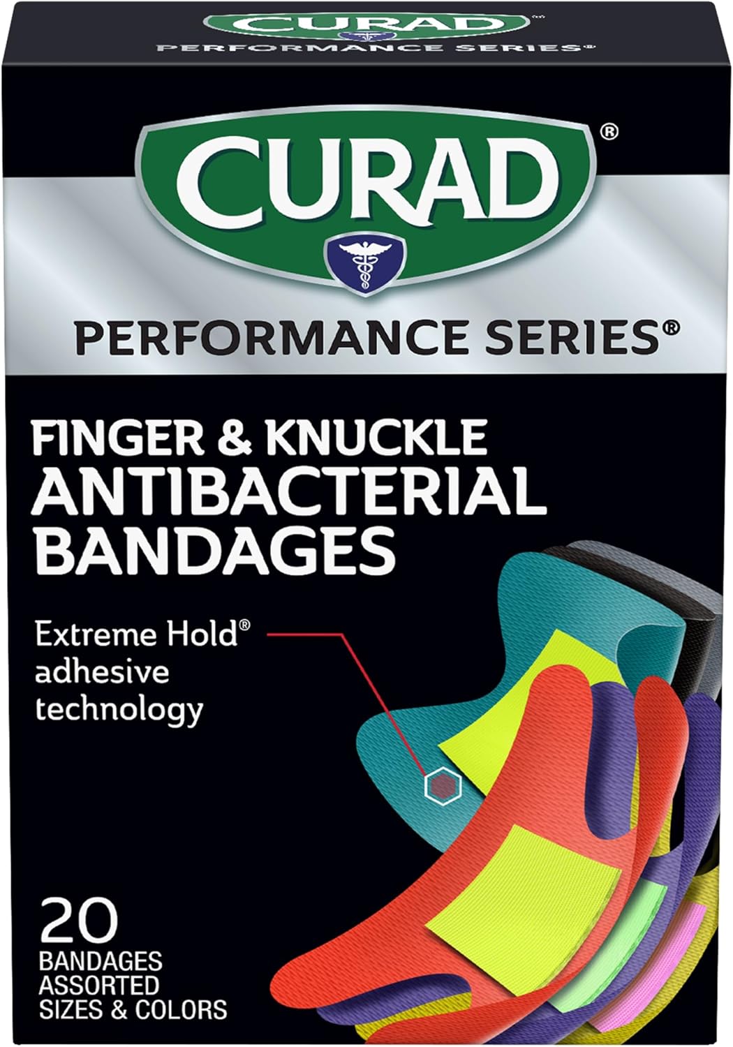 Curad Performance Series Fingertip and Knuckle Antibacterial Bandages, Extreme Hold Adhesive Technology, Fabric Bandages, 20 Count
