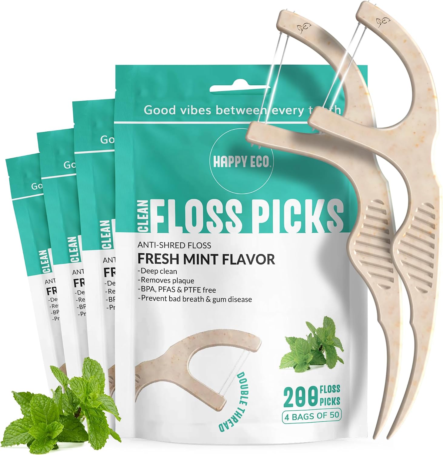 Dental Floss Picks for Teeth (200ct) - Double Thread Tooth Picks Flossers for Adults, Toothpicks Floss, Vegan Corn-Straw Handle, Shred-Resistant String for Interdental Oral Care & Gum Health, Mint