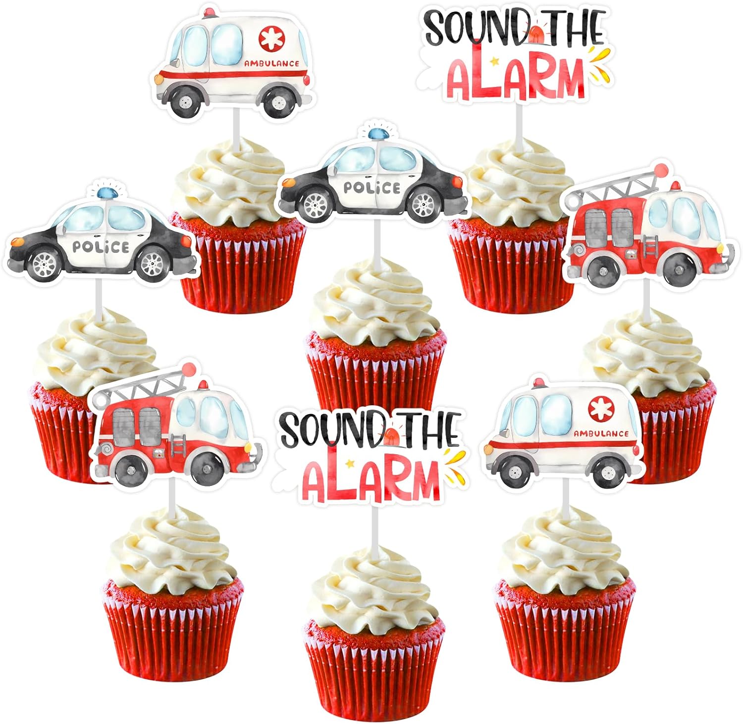 Sursurprise Emergency Vehicle Party Decorations, 36PCS Rescue Vehicles Cupcake Toppers, First Responders Ambulance Firetruck Police Birthday Party Supplies
