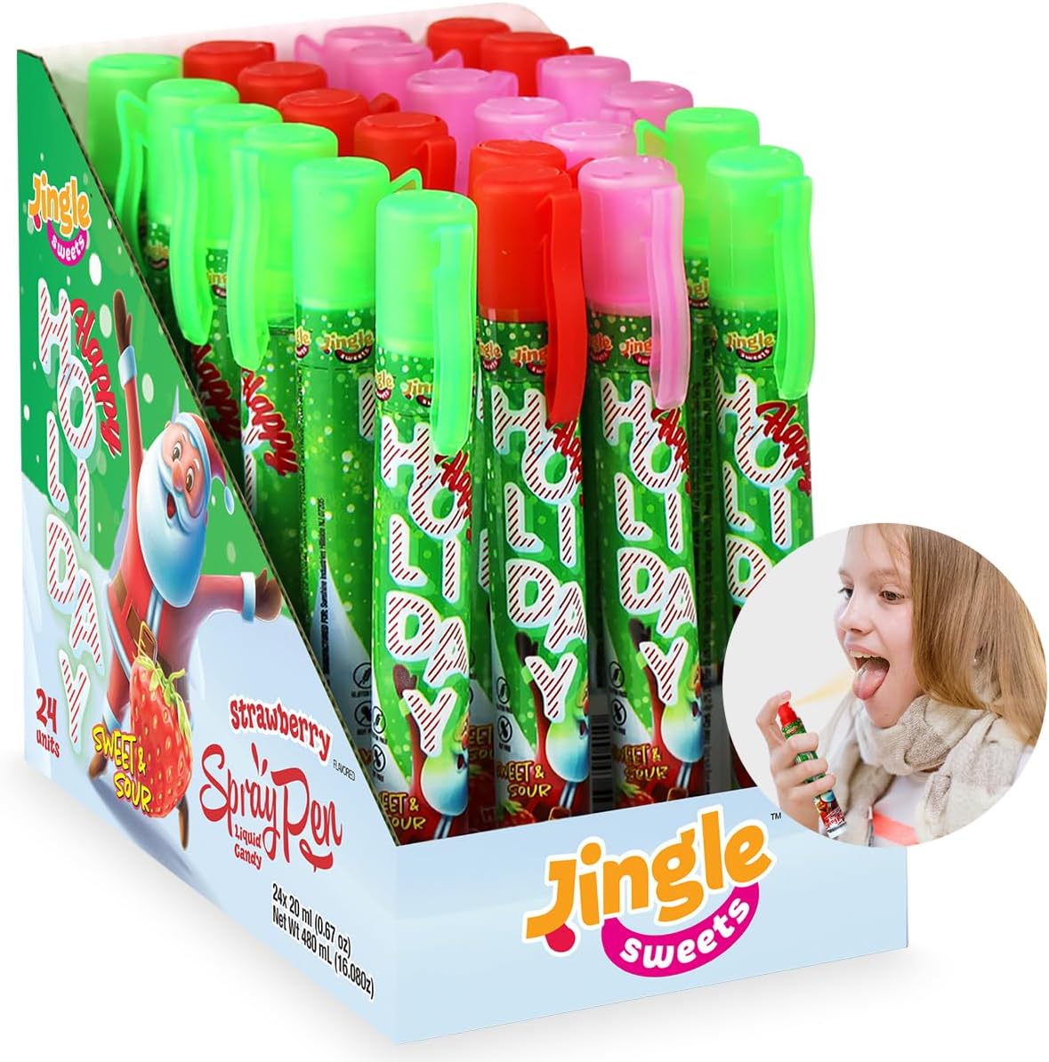 Pen Spray Liquid Candy - Holiday Unique Candy Stocking Stuffers of Sweet and Sour Flavors Including Green Apple, Strawberry, & Mixed Fruits, 24 Pack,