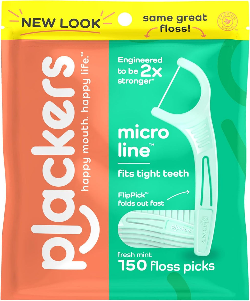 Plackers Micro Line Dental Floss Picks, Fold-Out FlipPick, Tuffloss, Easy Storage with Sure-Zip Seal, Fresh Mint Flavor, 150 Count