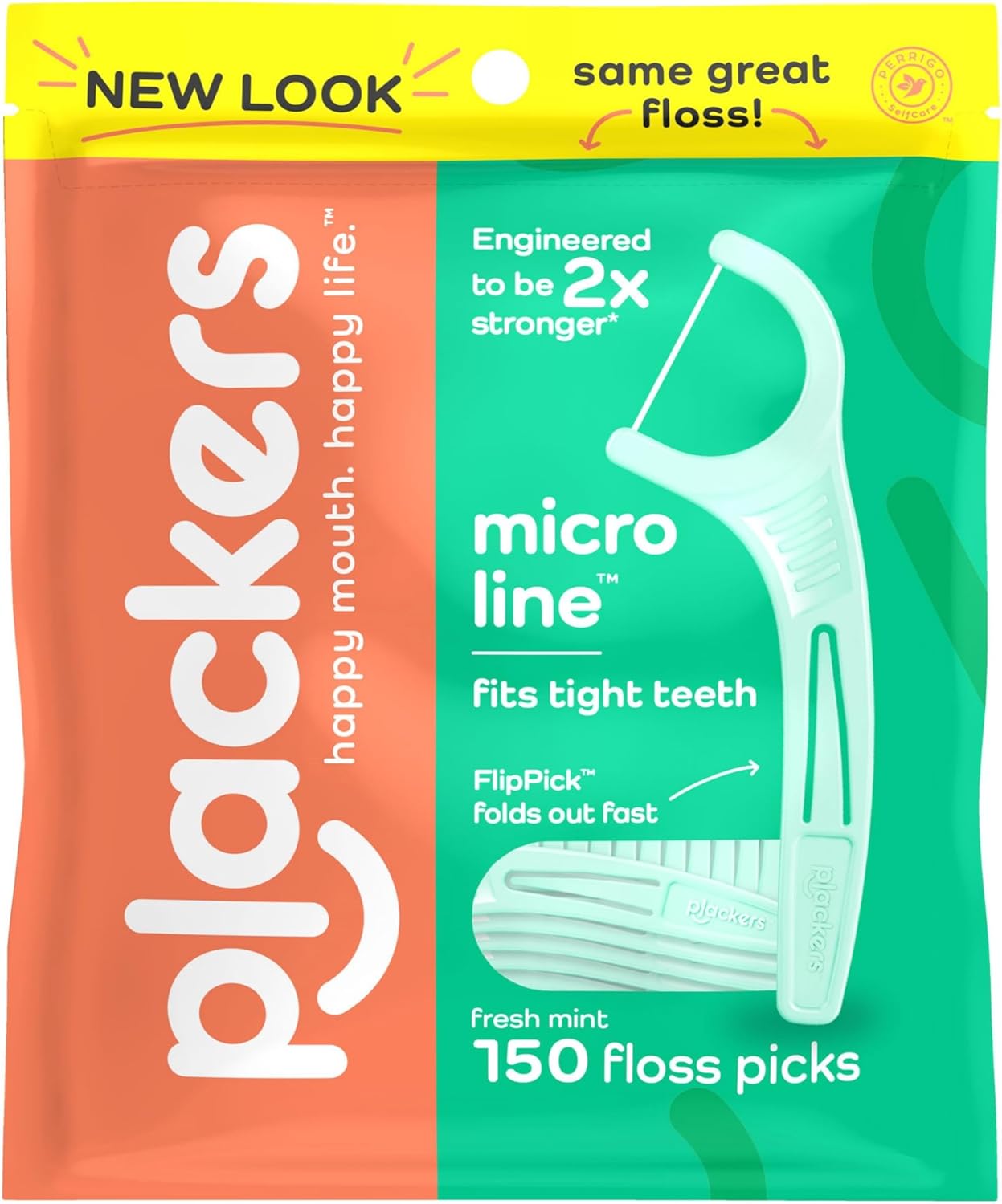 Plackers Micro Line Dental Floss Picks, Fold-Out FlipPick, Tuffloss, Easy Storage with Sure-Zip Seal, Fresh Mint Flavor, 150 Count