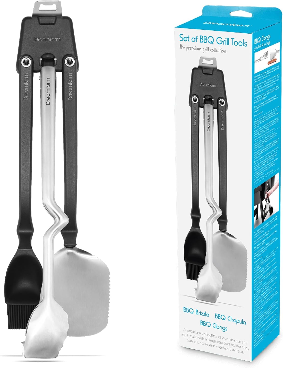 Dreamfarm Set of BBQ Grill Tools Premium & Durable Barbecue Set with Brizzle, Clongs, Chopula, & Magnetic Utensil Holder - Stainless Steel