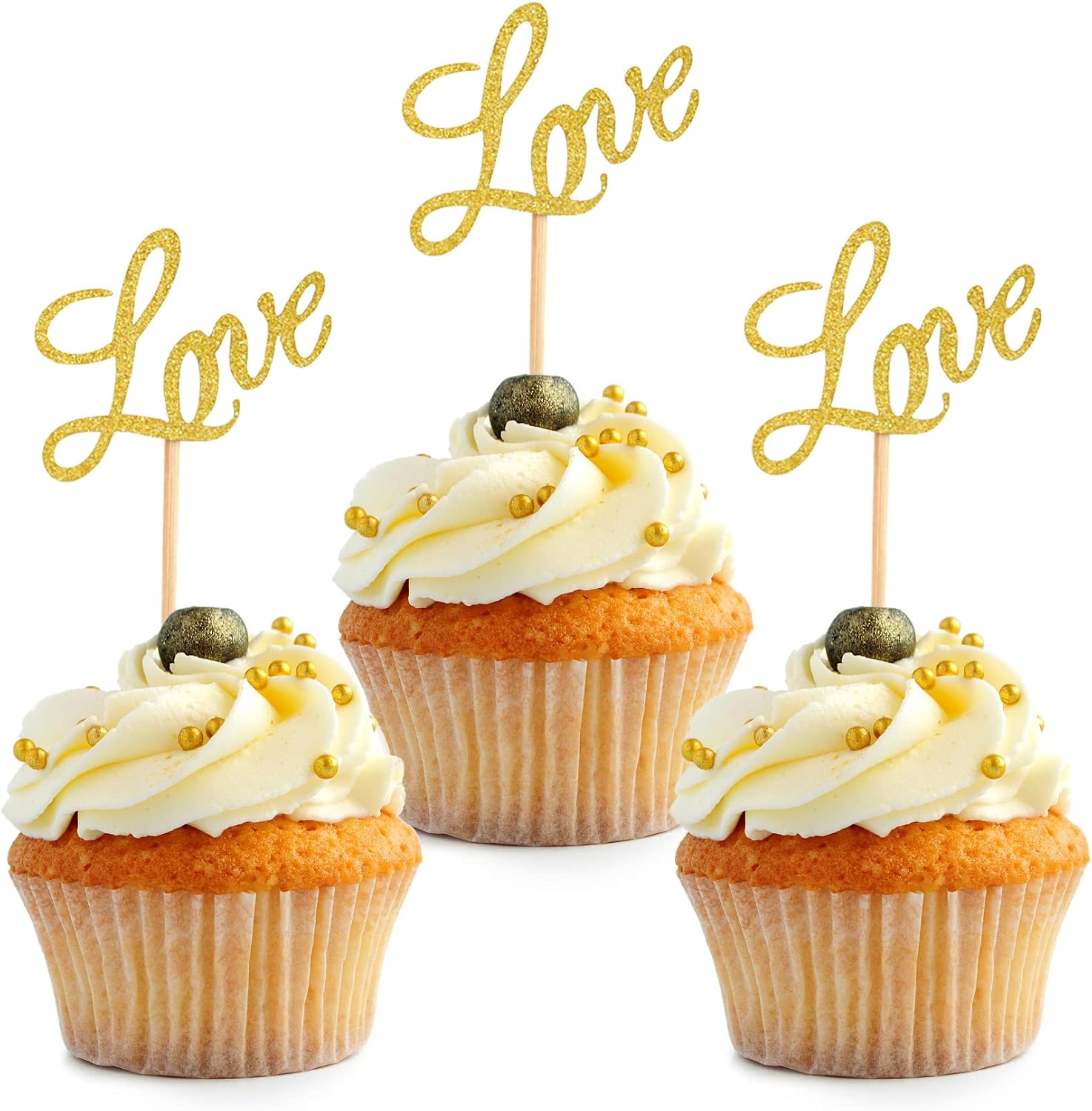 Love Cupcake Toppers, 48Pcs Gold Glitter Dessert Food Cake Picks for Baby Shower Wedding Engagement Bridal Birthday Party Supplies