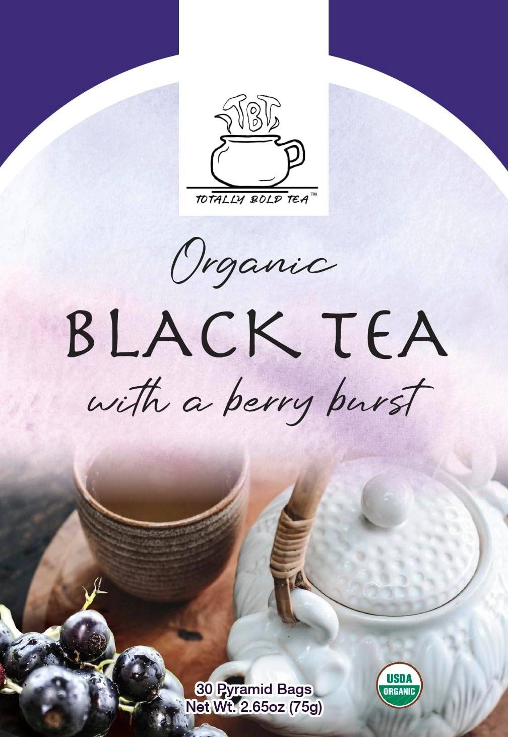 TBT - Totally Bold Tea - Organic Black Tea - Natural Energy - Caffeine - 30 pyramid whole leaf bags.
