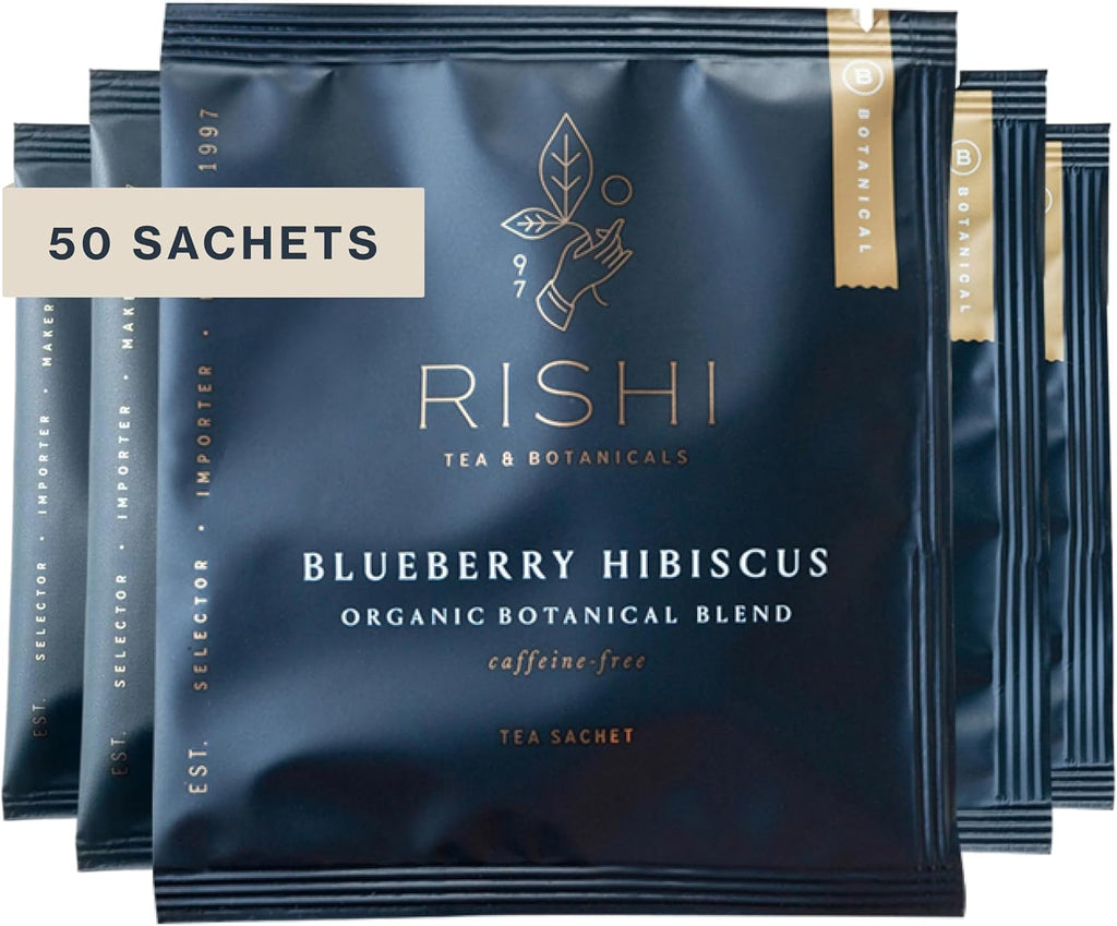 Rishi Tea Blueberry Hibiscus Herbal Tea - Organic, Caffeine Free Sachet Bags, Sweet & Tangy with Antioxidants, Enjoy Hot or Iced - 50 Count