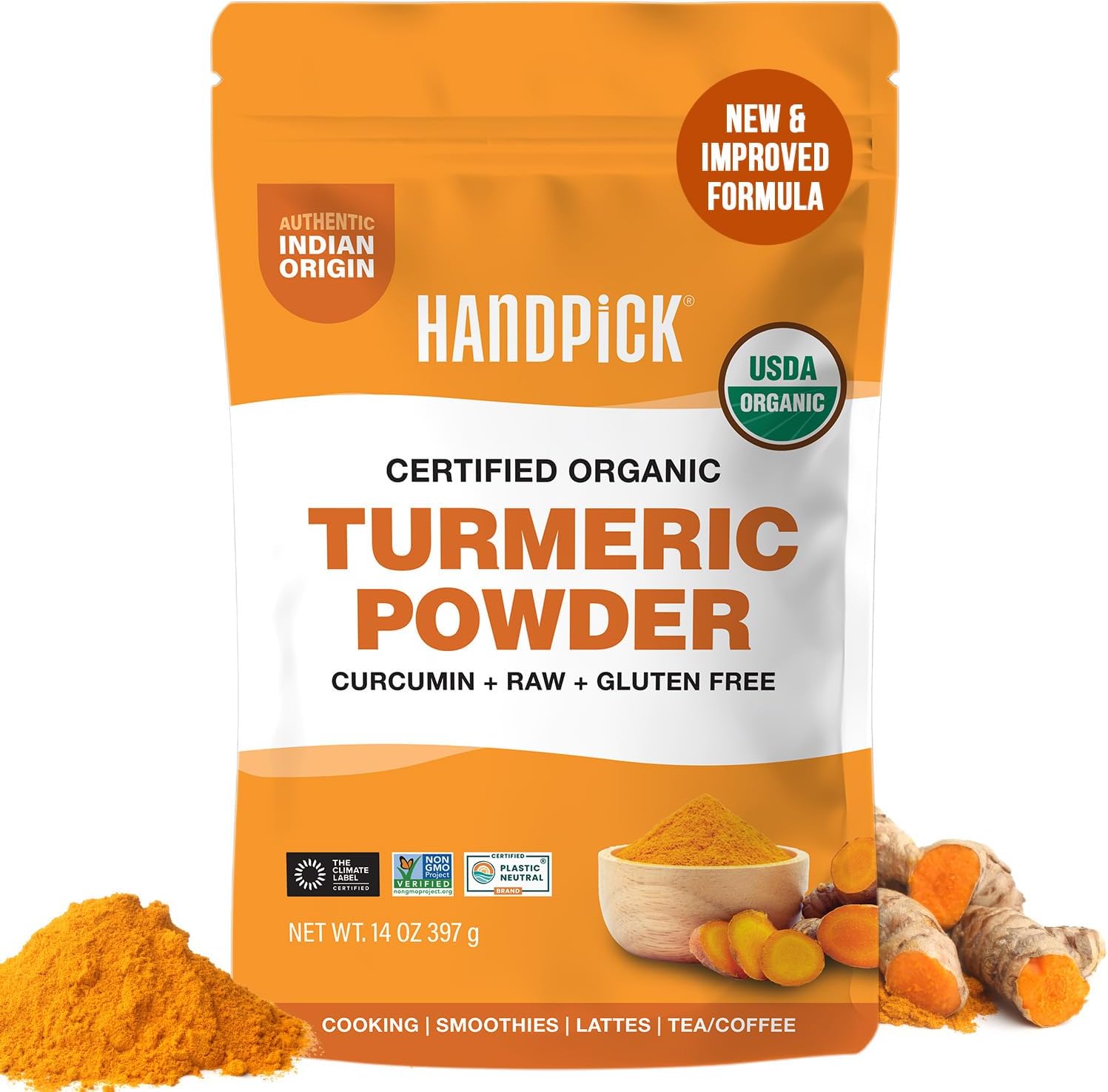 HANDPICK, Organic Turmeric Powder with Curcumin (397g/14oz) | Authentic Indian Origin | Gluten Free | Made from Turmeric Root